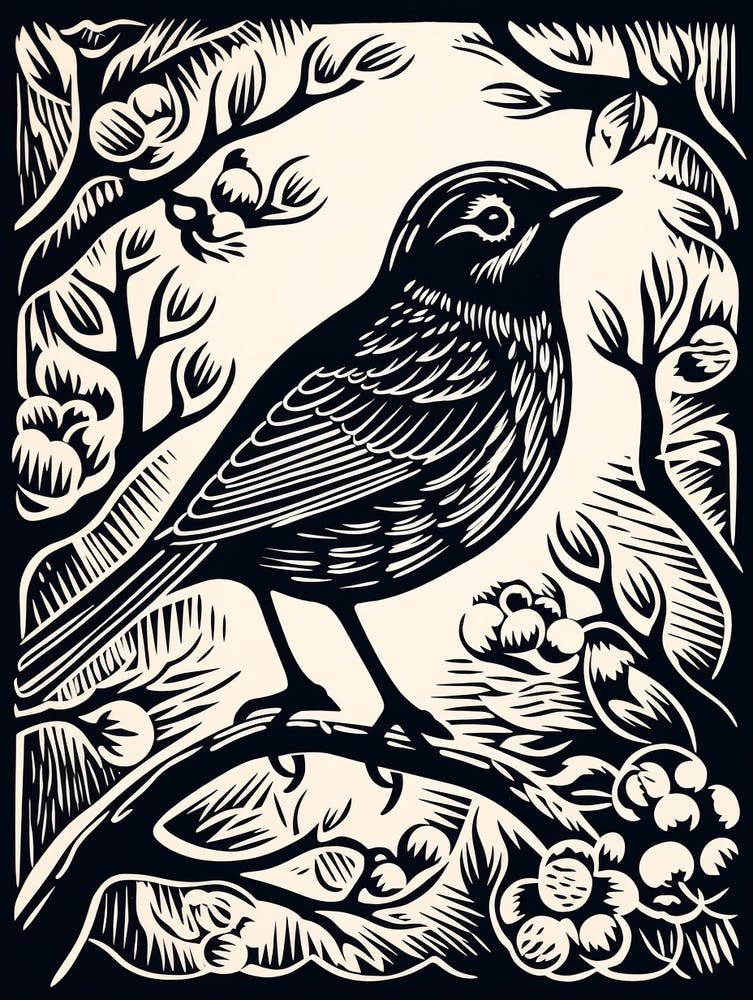 B&W Bird Linocut Robin 1