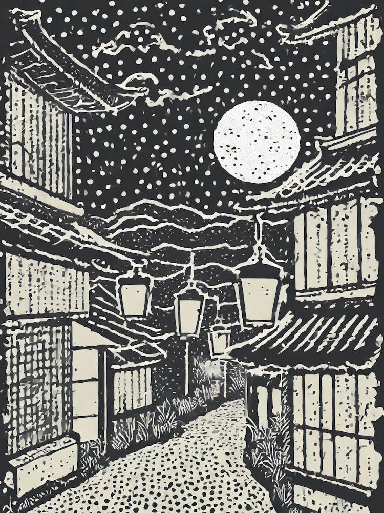 A Night Scene Of Lantern Lit Streets Ukiyo-E Style