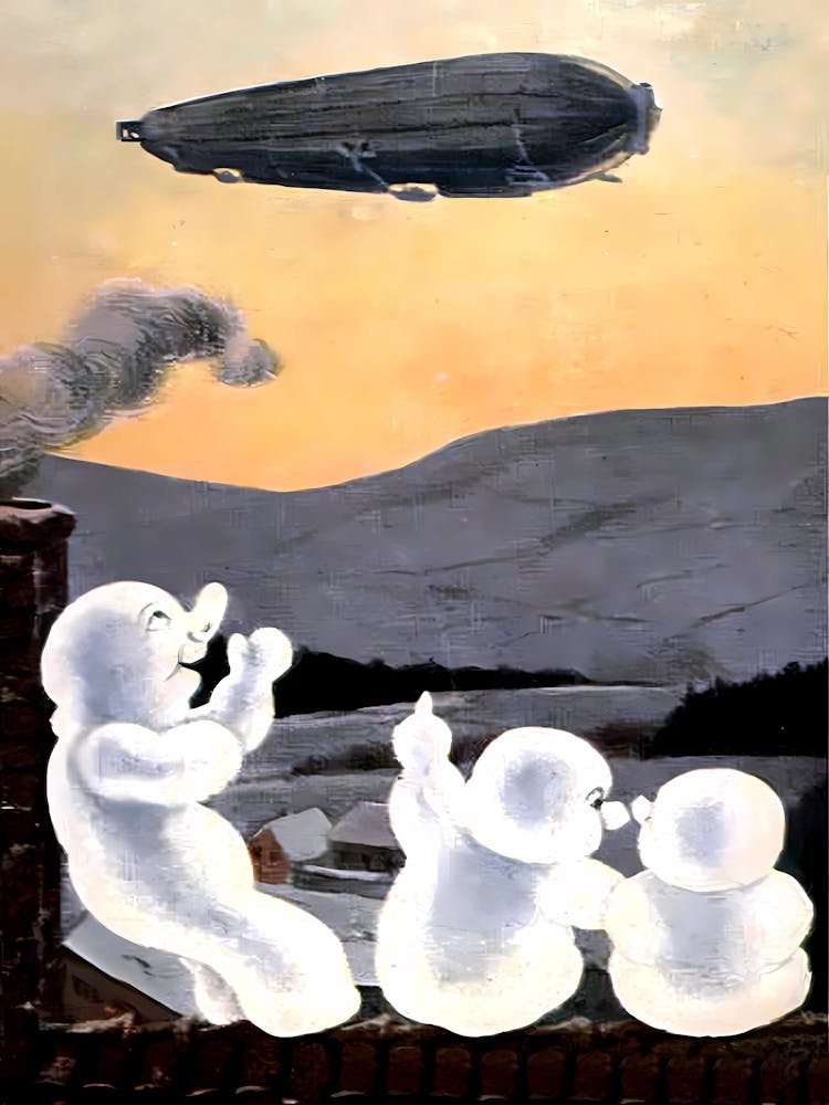 Snowmen Are Looking At A Flying Zeppelin On Orange Sky