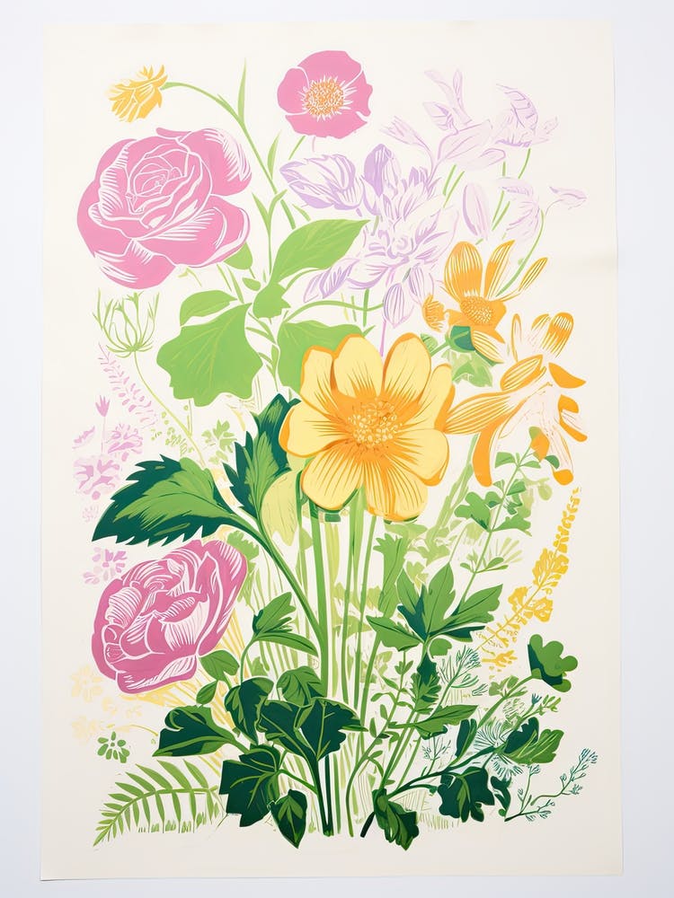 Colourful Flowers In A Vase In Risograph Style 7