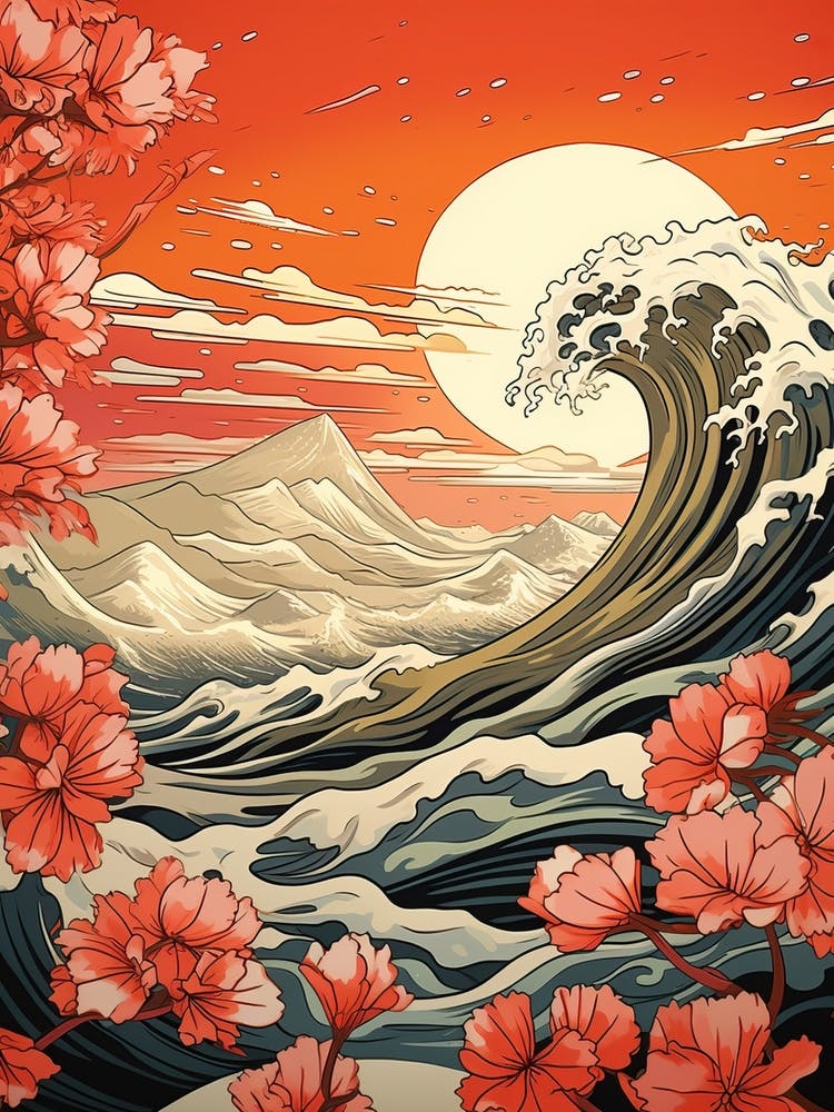 Great Wave With Daffodil Flower Drawing In The Style Of Ukiyo E 4