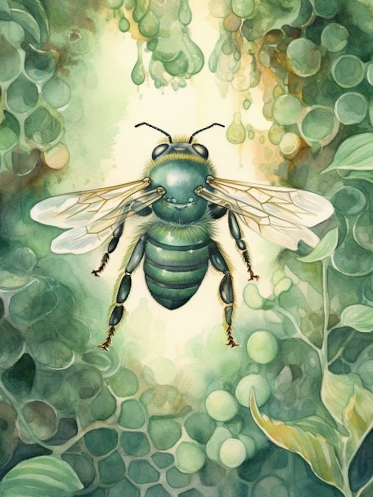 Green Metallic Sweat  Bee Beehive Watercolour Illustration 1