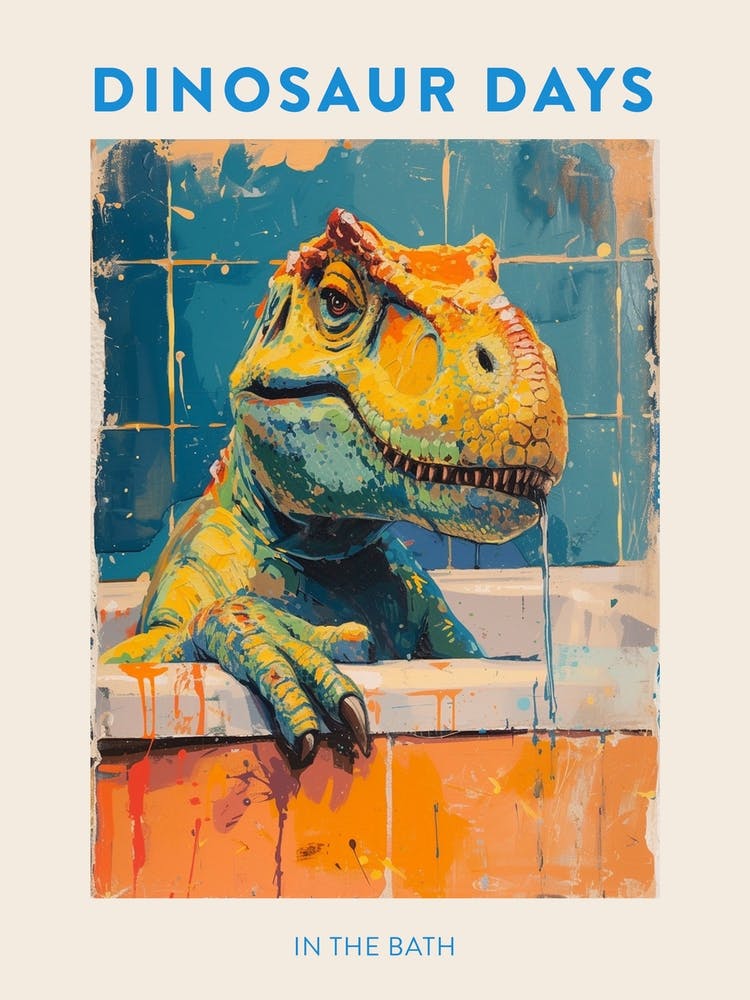 In The Bath Orange Blue Dinosaur Poster