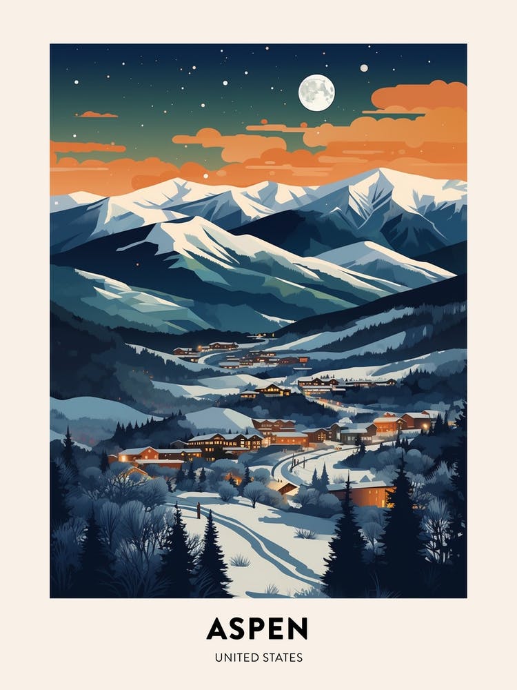 Winter Night  Travel Poster Aspen Colorado 2