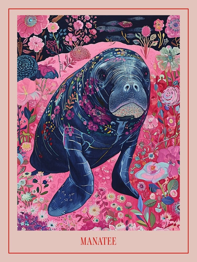 Floral Animal Painting Manatee 3 Poster