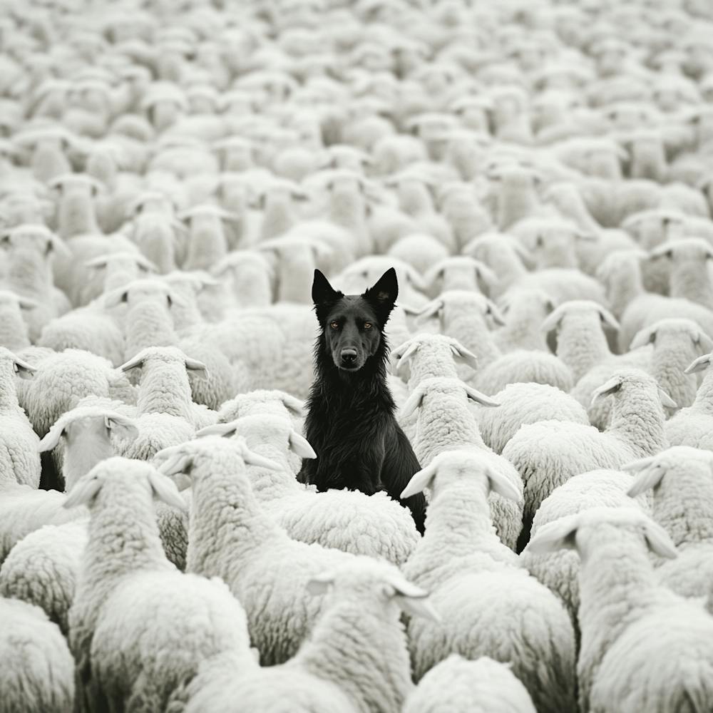 Dog In A Flock Of Sheep