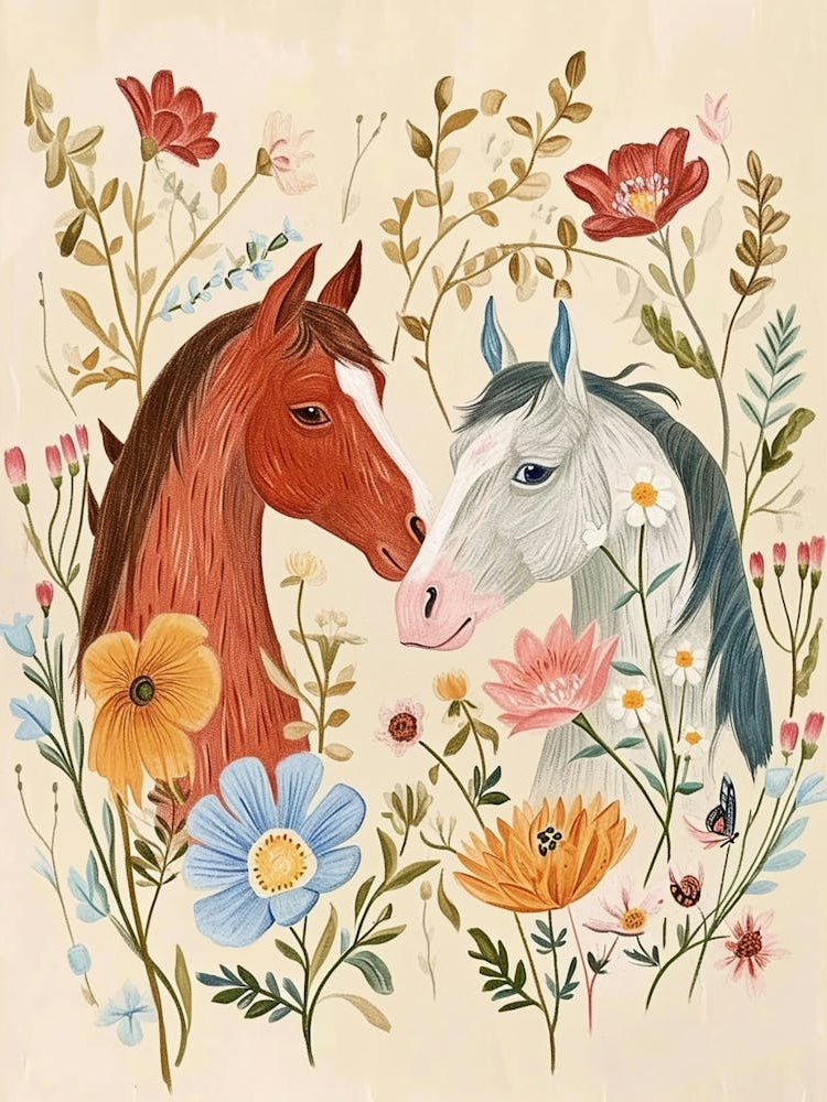 Folksy Floral Animal Drawing Horse 3