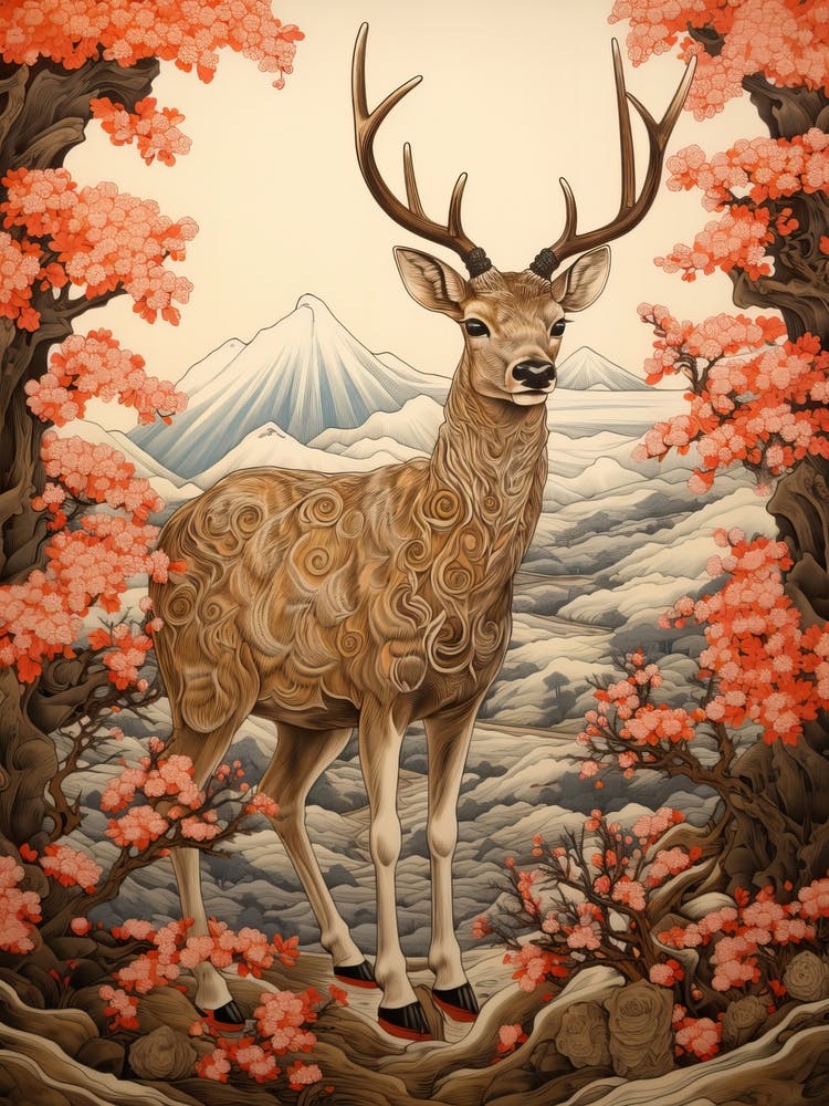Deer Animal Drawing In The Style Of Ukiyo E 5