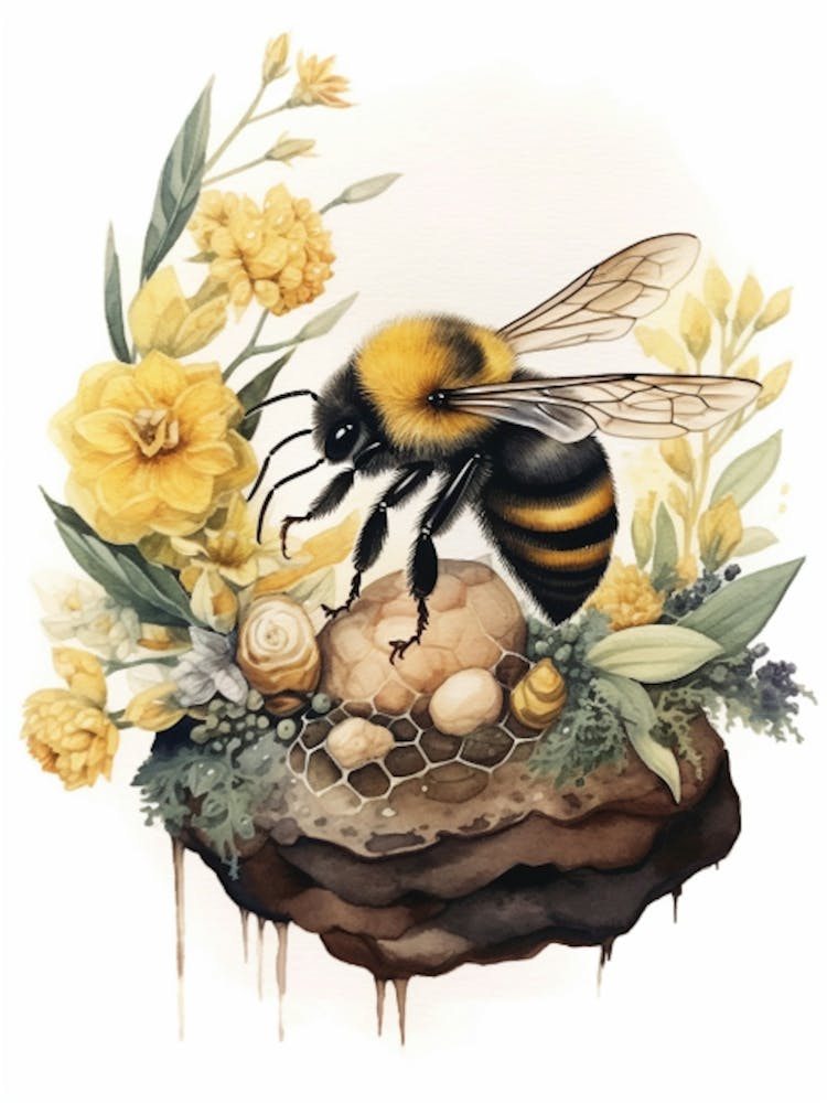 Northern Bumble Bee Beehive Watercolour Illustration 2