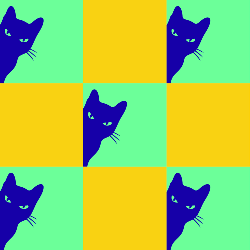 Playful Checker Board Cat Peeping Pattern 7 In Sunshine Yellow Fluorescent Green Sappine Blue 02