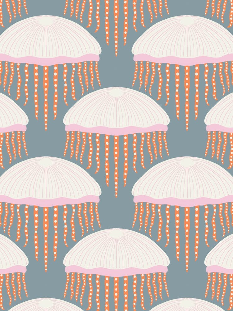 Floating Jellyfish Damask Grid Pink, Orange, White, Blue
