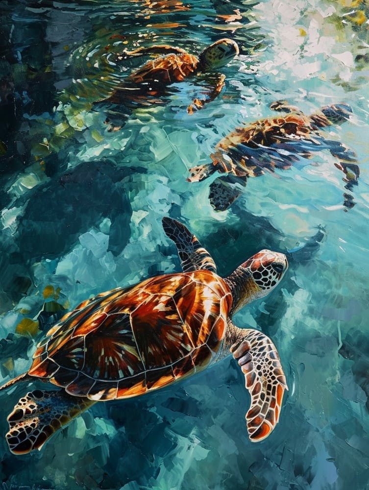 Sea Turtles Coming Up For Air Impressionism Style Painting