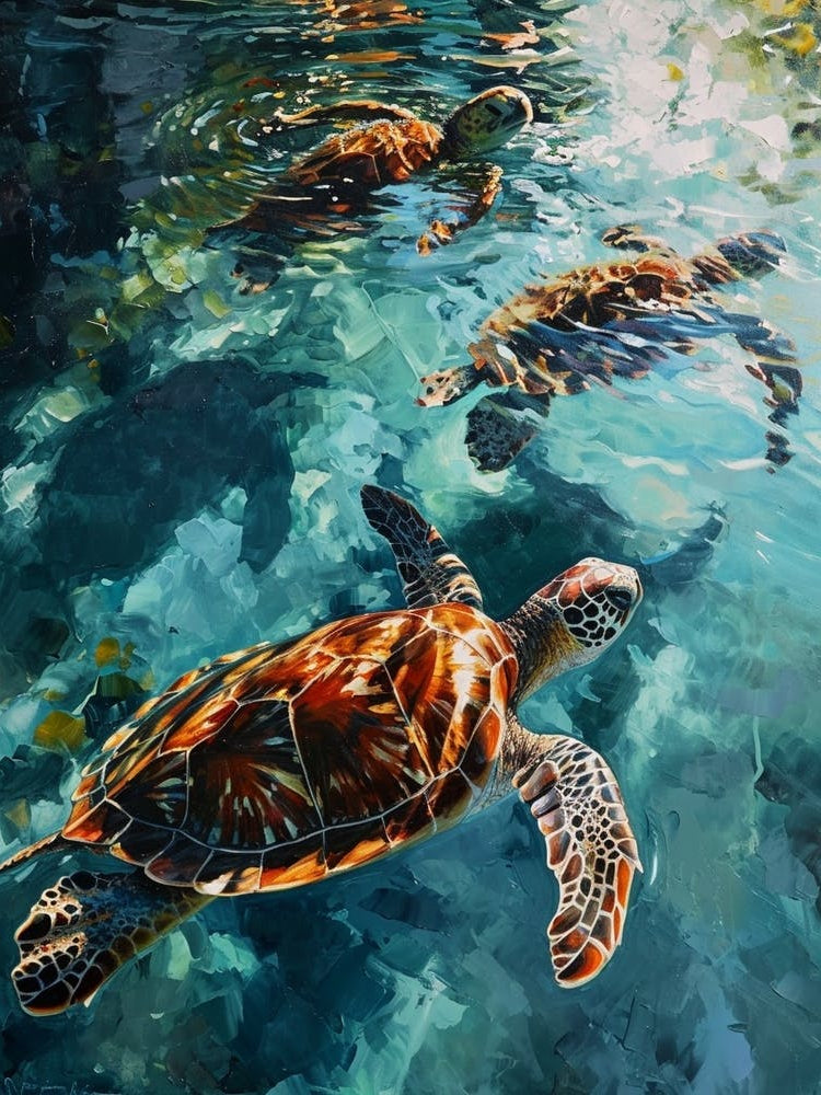 Sea Turtles Coming Up For Air Impressionism Style Painting