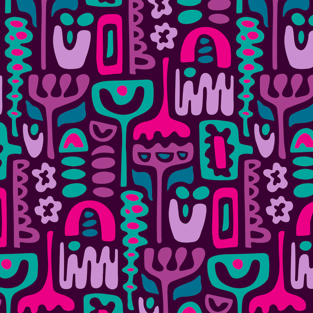 DREAMSCAPE Retro 70s Abstract Organic Floral Botanical Shapes in Lavender Purple Periwinkle Fuchsia Pink Teal Blue on Eggplant