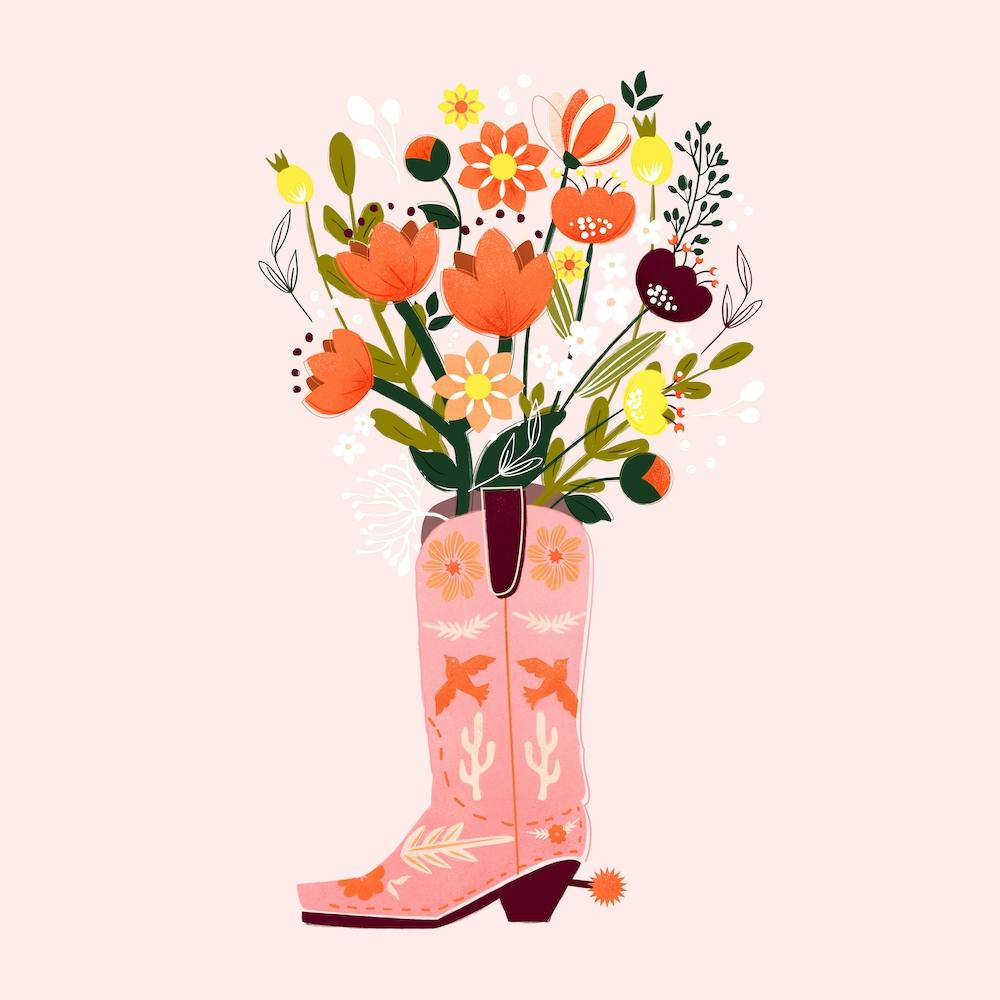 Pink Cowboy Boot And Flower Bouquet Square