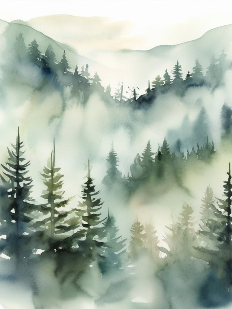 Appalachian Mountains of Misty Pines Watercolor Print of Evergreen Forest..133