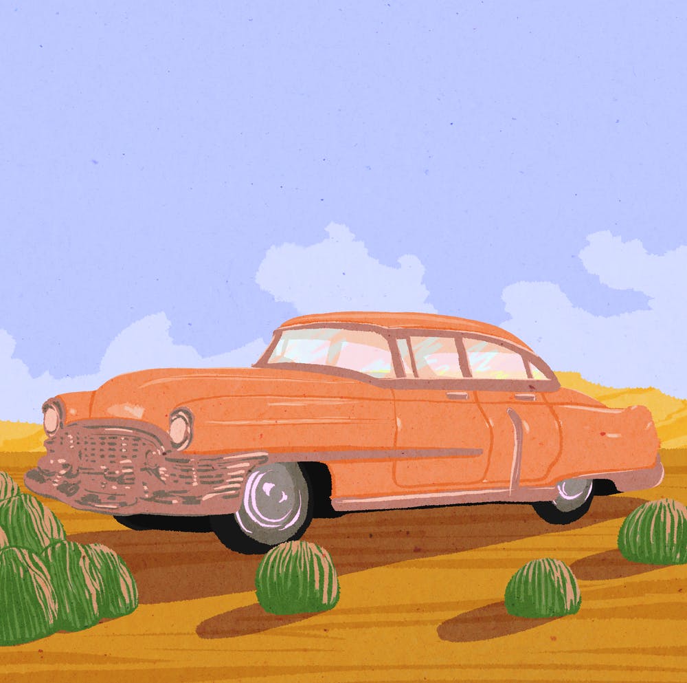 Pink car in desert, classic car, landscape, American, illustration, wall art
