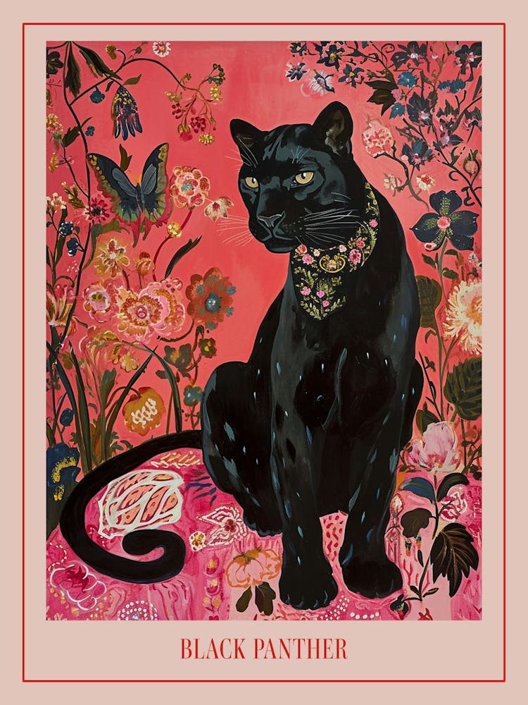 Floral Animal Painting Black Panther 1 Poster