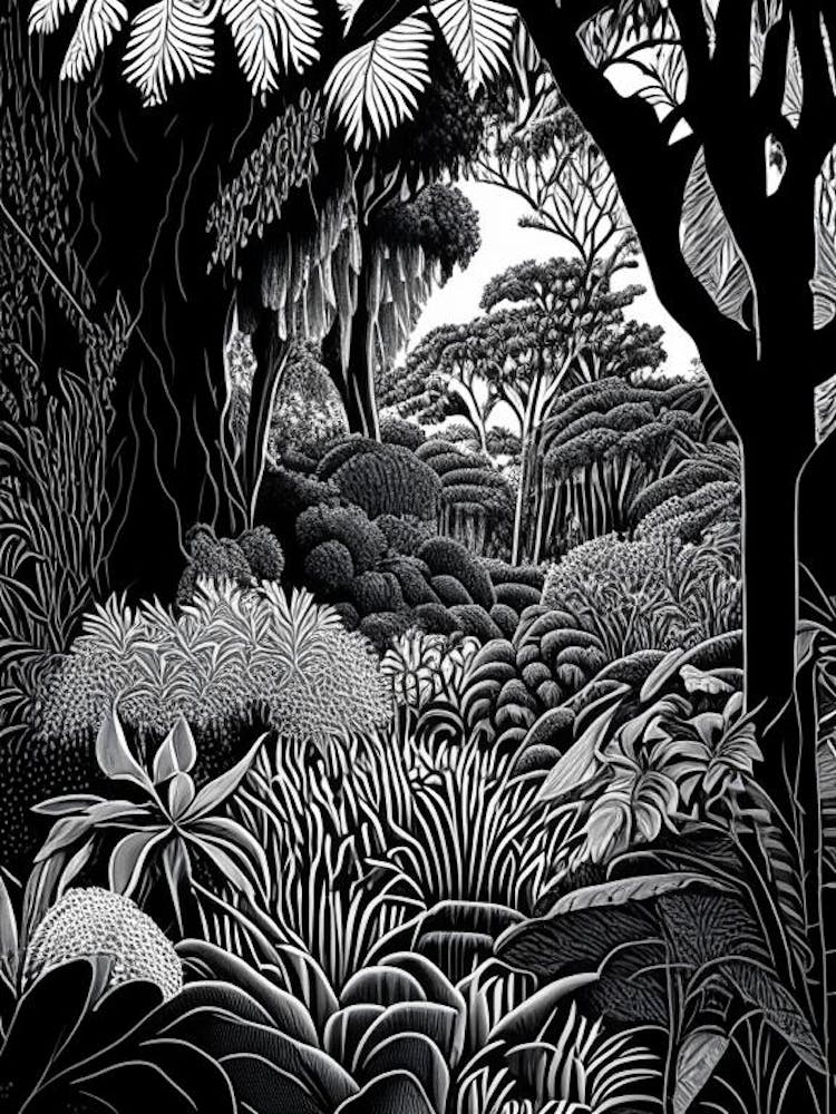 Geelong Botanic Gardens, Australia Linocut Black And White Vintage