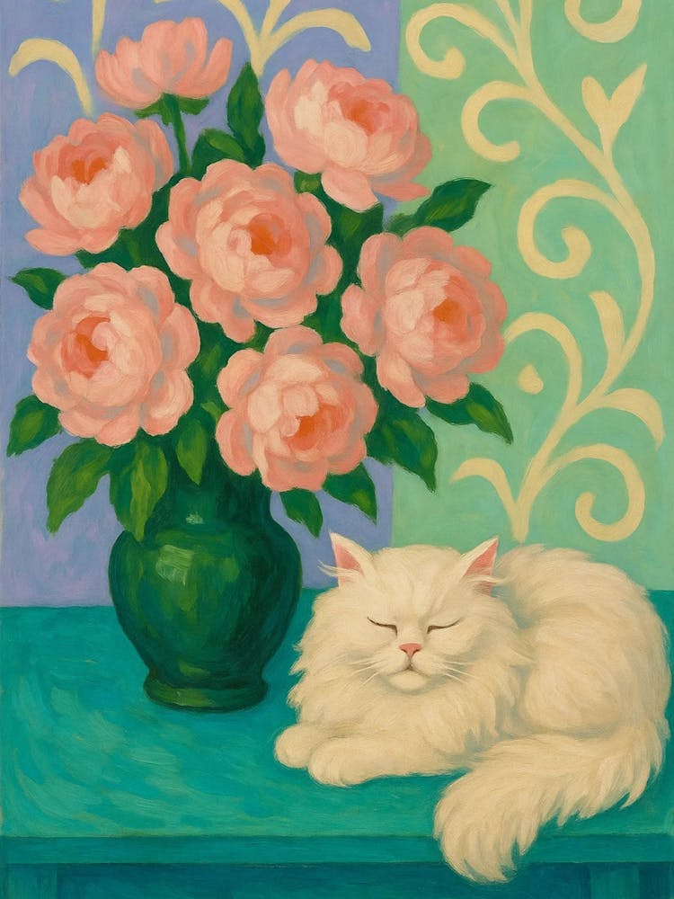 Peonies And Cat