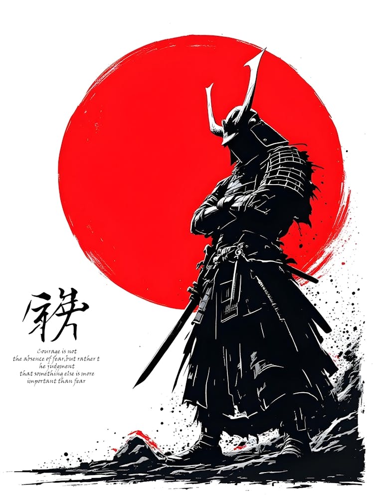 La Présence du Guerrier Une Silhouette de Samouraï Contre le Soleil Rouge