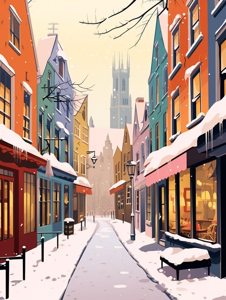 Vintage Winterreise-Illustration Bruges Belgium 2