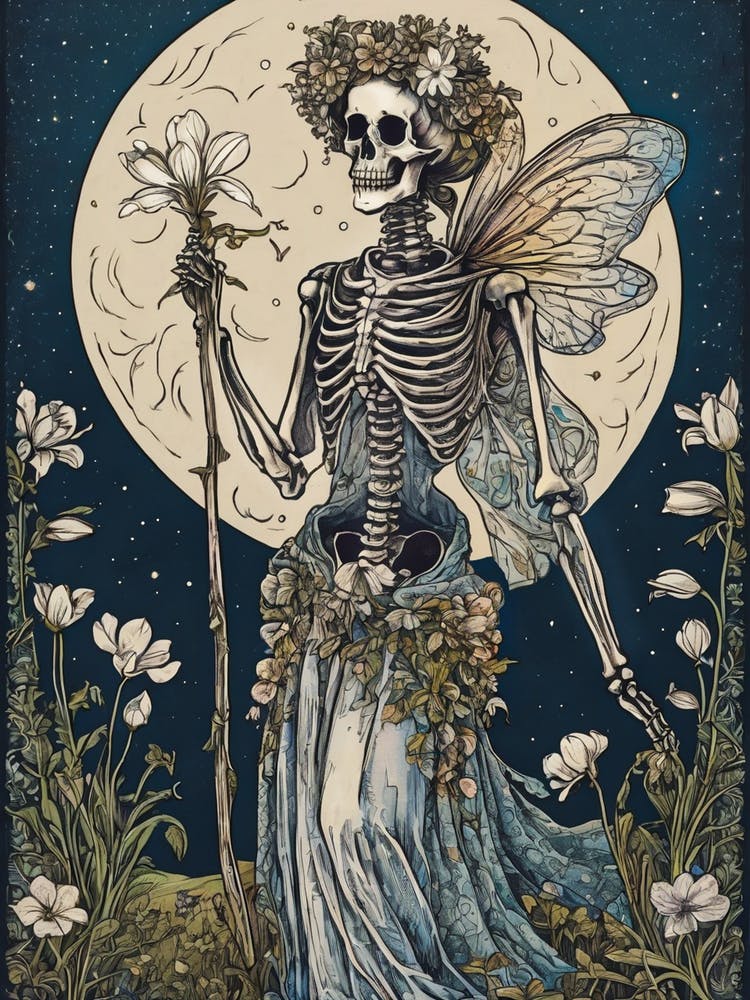 Skeleton Fairy - Gothic Line Art of Spring Skellie Woman Witch Fae Pagan Ostara Imbolc Full Moon Spooky Creepy Beautiful Midnight Stars Goth Feature Wall Occult Macabre HD