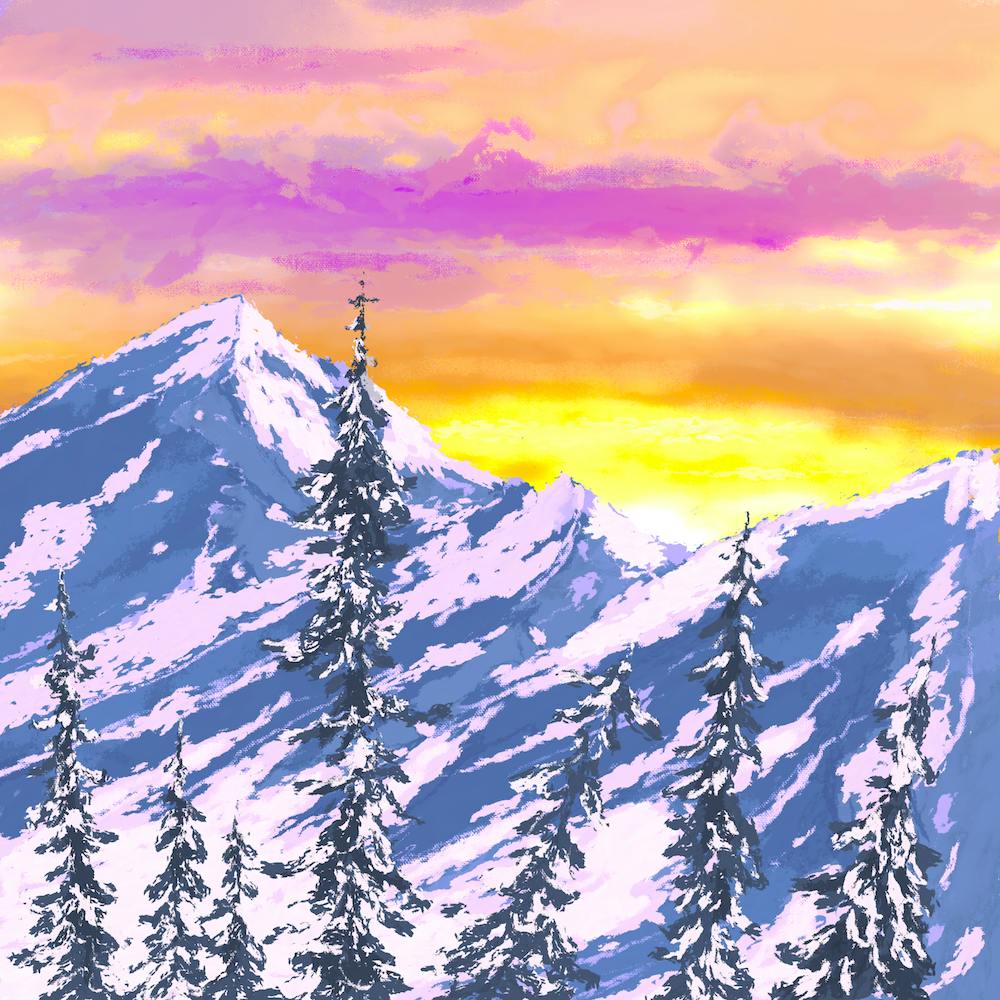 Snowy Mountains At Sunset, landscape, trees, illustration, wall art