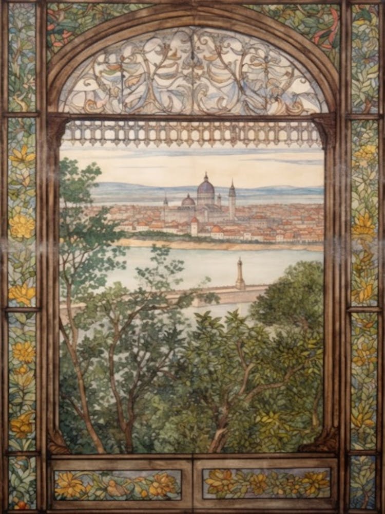 Window View Of Budapest Hungary In The Style Of William Morris 1