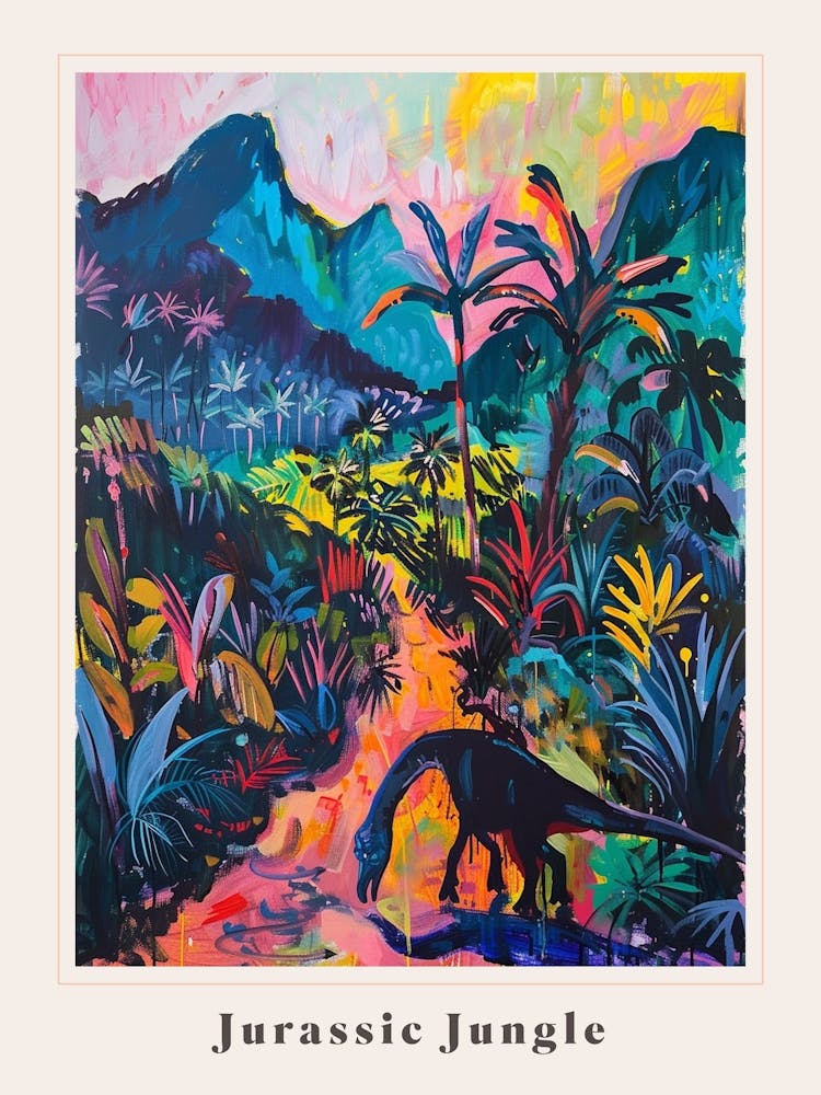 Dinosaure dans une Jungle Colorée - Poster Peinture