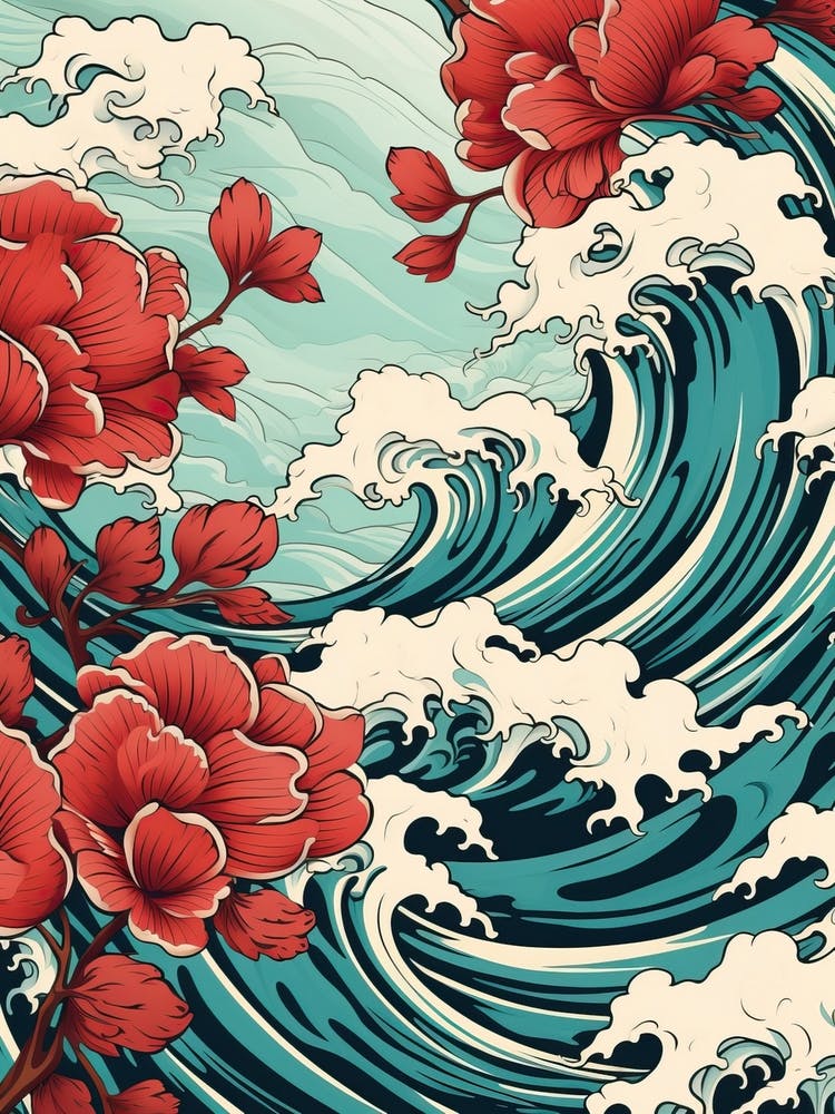 Great Wave With Camellia Flower Drawing In The Style Of Ukiyo E 3