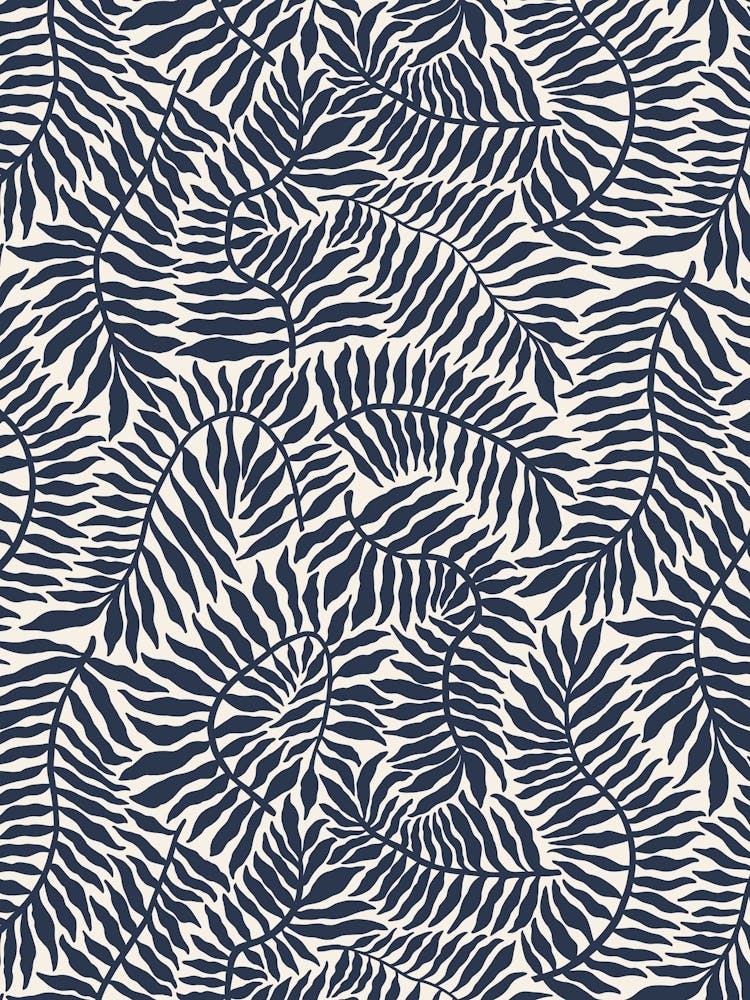 Flowing Fern Leaves - Dark Navy Blue on Off White