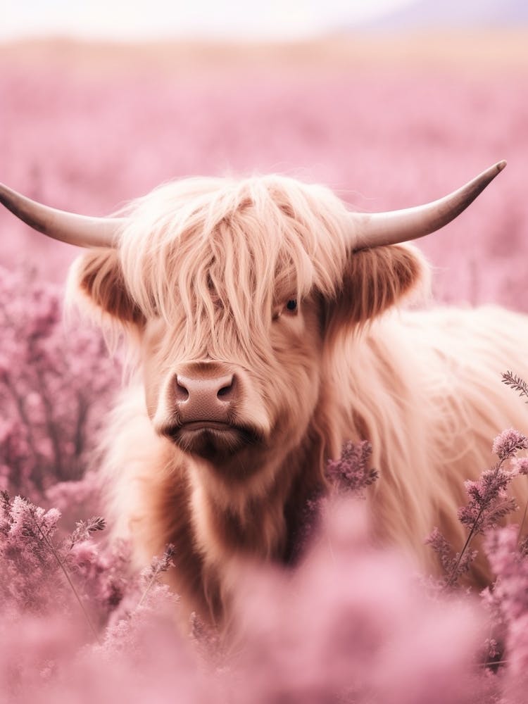 Pastel Pink Portrait Of Highland Cow In The Grass 2