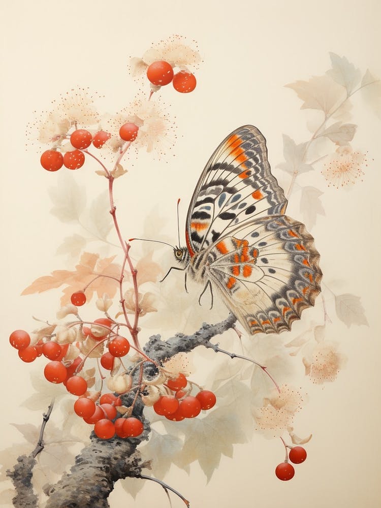 Butterfly With Cranberries Japanese Style Painting