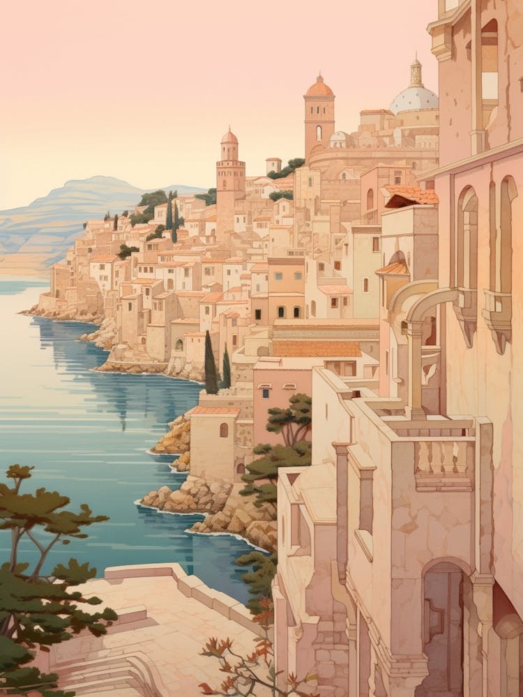 Dubrovnik Croatia 3 Vintage Pink Travel Illustration