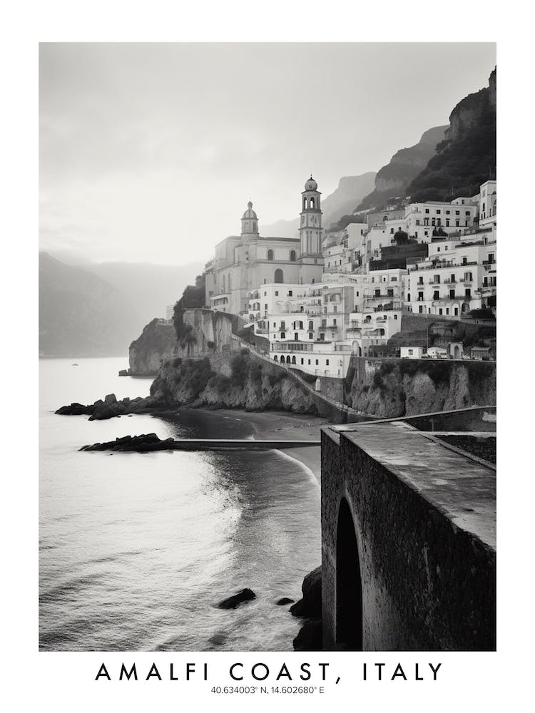 Poster Of Amalfi Coast, Italy, Black And White Analogue Photograph 4