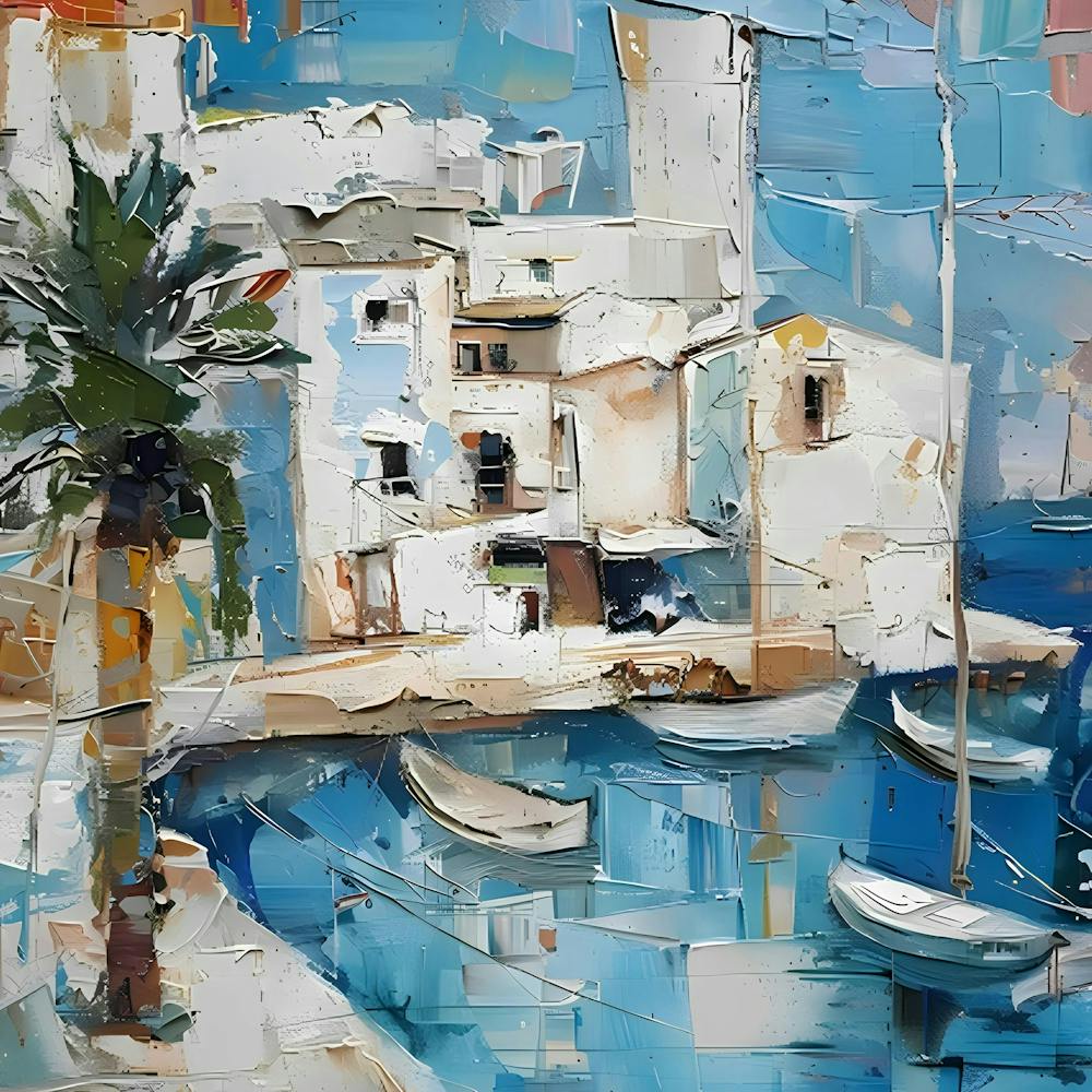 Boats In The Harbor. Mallorcatherapy. Abstraction. sea, boat, Mallorca, abstraction, painting for the interior, palm tree, harbour, marina, yachts, bay, house by the sea, seascape