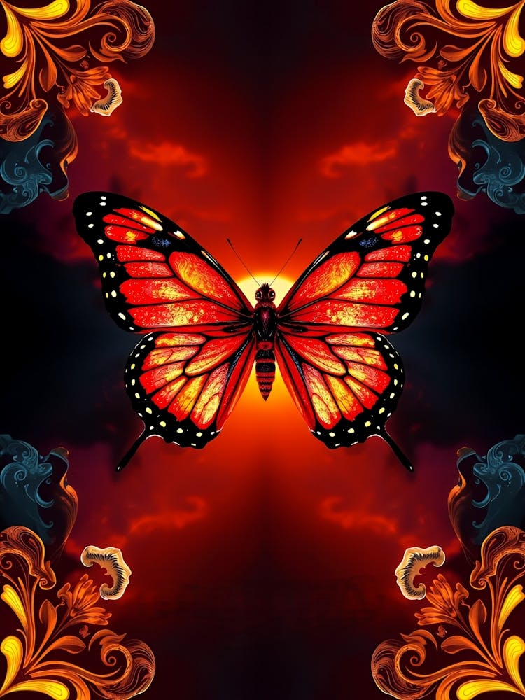 Schmetterling bei einem roten Sonnenuntergang