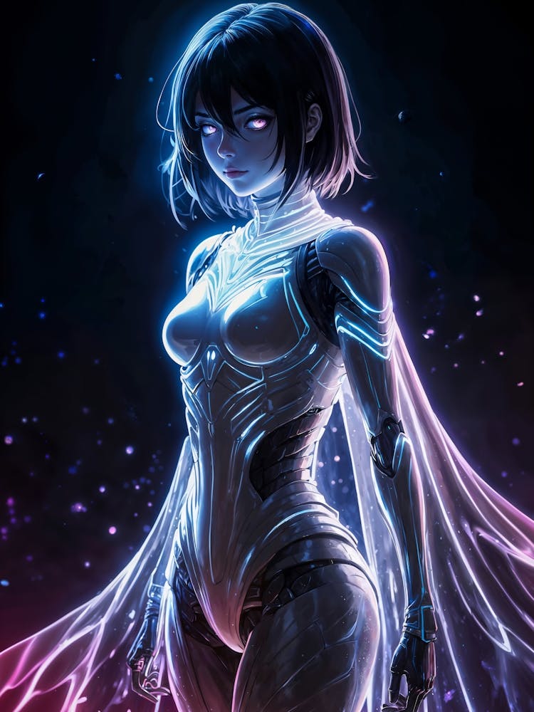 She is a cyborg girl in a sci-fi world, a ghost in the shell with a neon glow. A fantasy girl with a lucid mind, a translucent beauty with a futuristic soul.