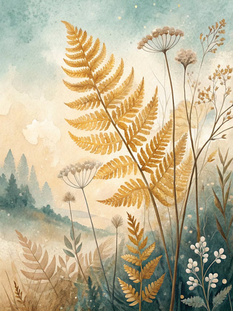 Oil Painting Style Golden Botanical Shapes