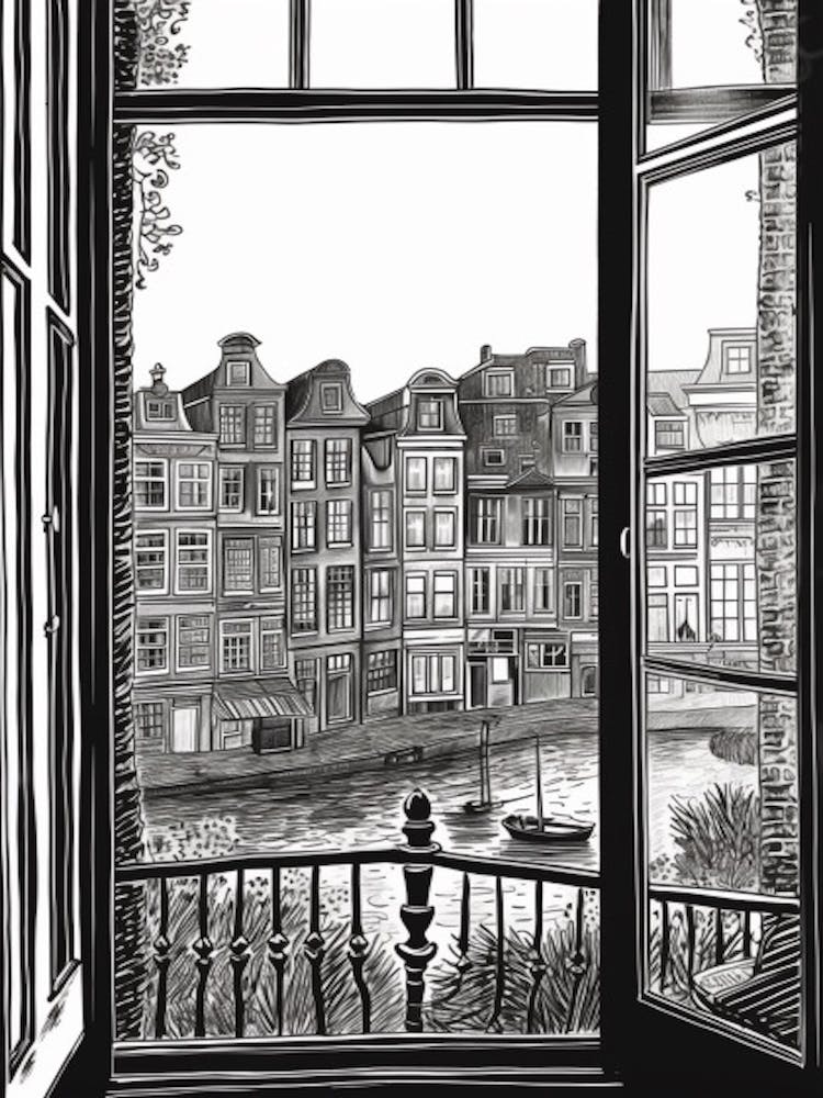 A Window View Of Amsterdam In The Style Of Black And White  Line Art 2