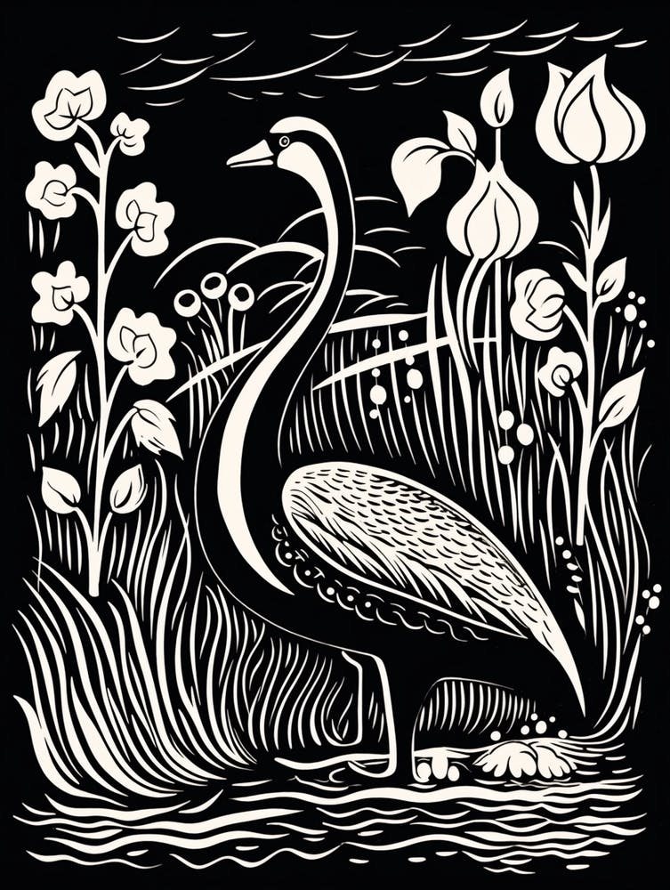 Schwarz-Weiß Vogel-Linolschnitt Schwan 4