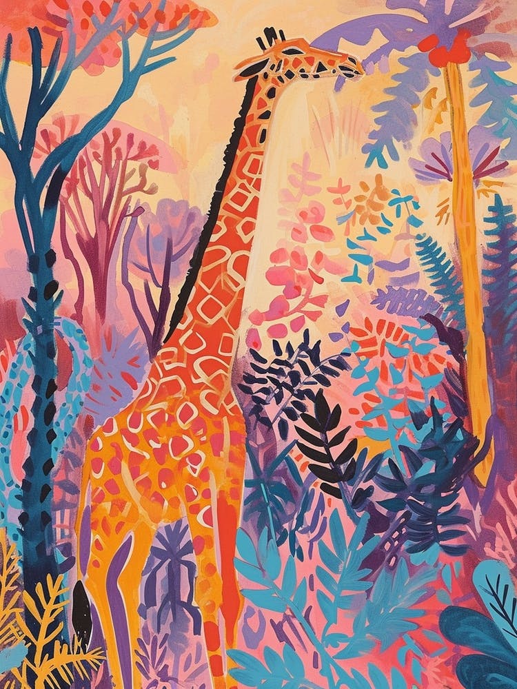 Giraffe In The Leaves Colourful Pattern 4