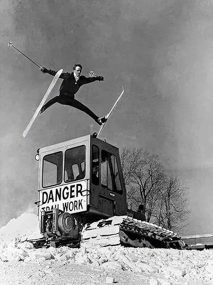 Jumping Over Snowcat Vintage Skiing Photo