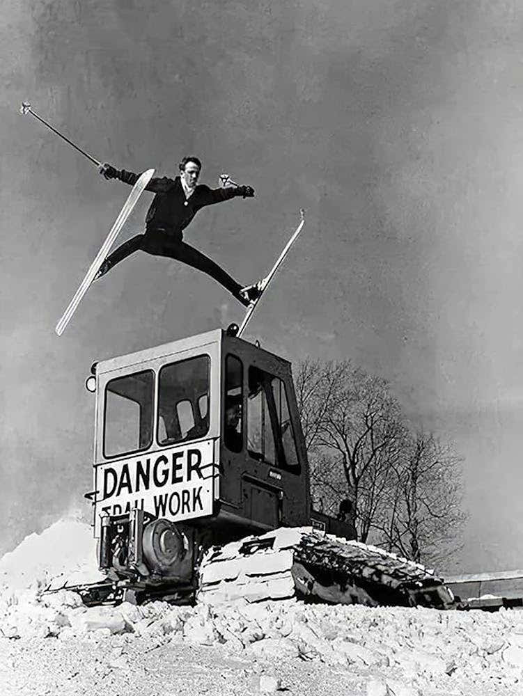 Jumping Over Snowcat Vintage Skiing Photo