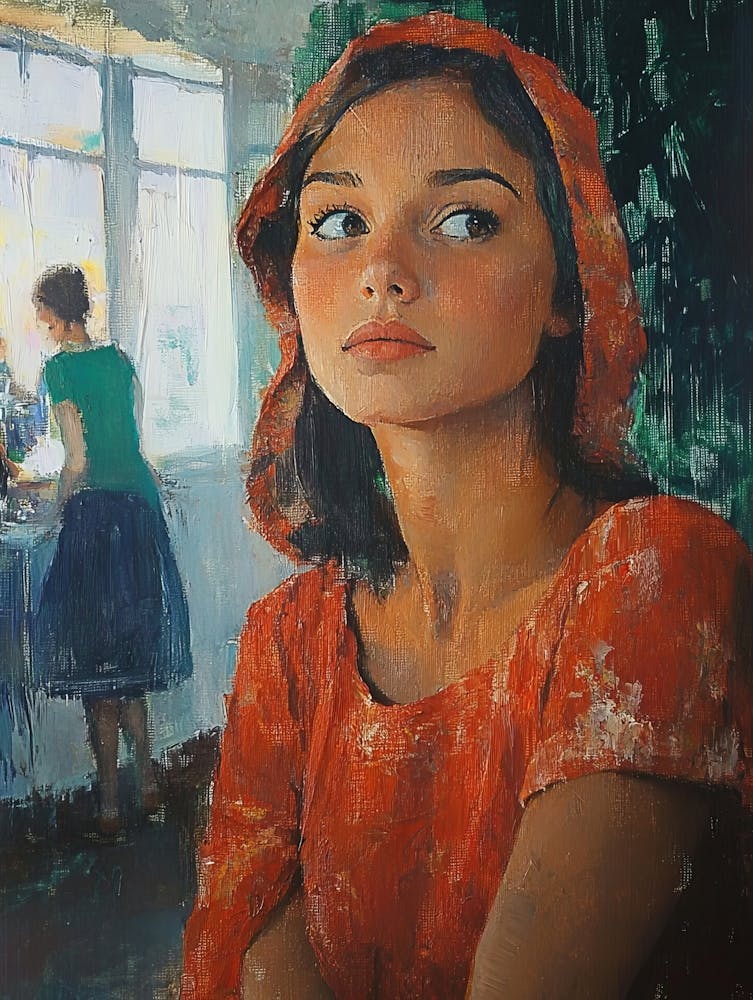 Portrait of Girl In Red Handmade Drawing