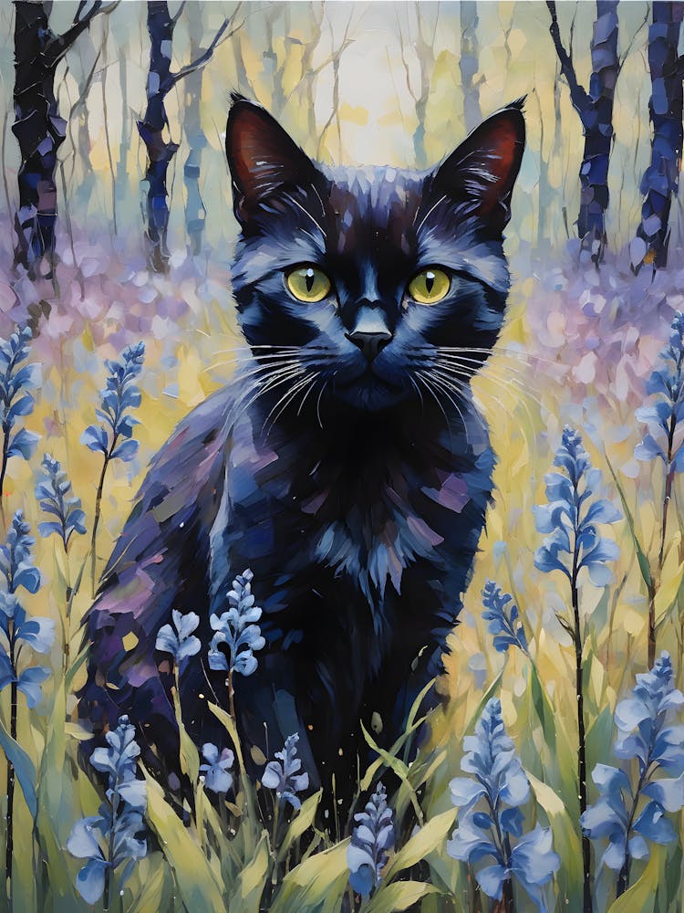 Black Cat Amongst Bluebells - Oil and Palette Knife Painting of A Beautiful Black Cat Sitting Among the April and May Day Flowers - Kitty, Cat Lady, Pagan, Feature Wall, Witch, Fairytale Tarot Bastet Beltane Colorful Painting in HD