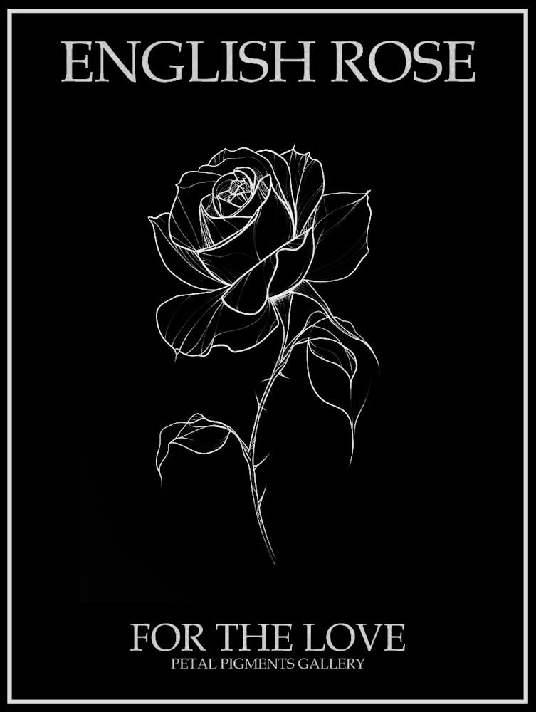 English Rose Black And White Line Drawing 38 Poster Inverted