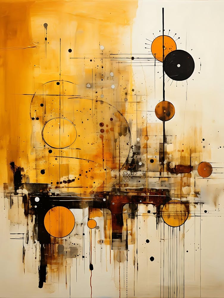 Abstract Artwork With Orange Brown And Black Circles Lines And Splatters On A Beige Background