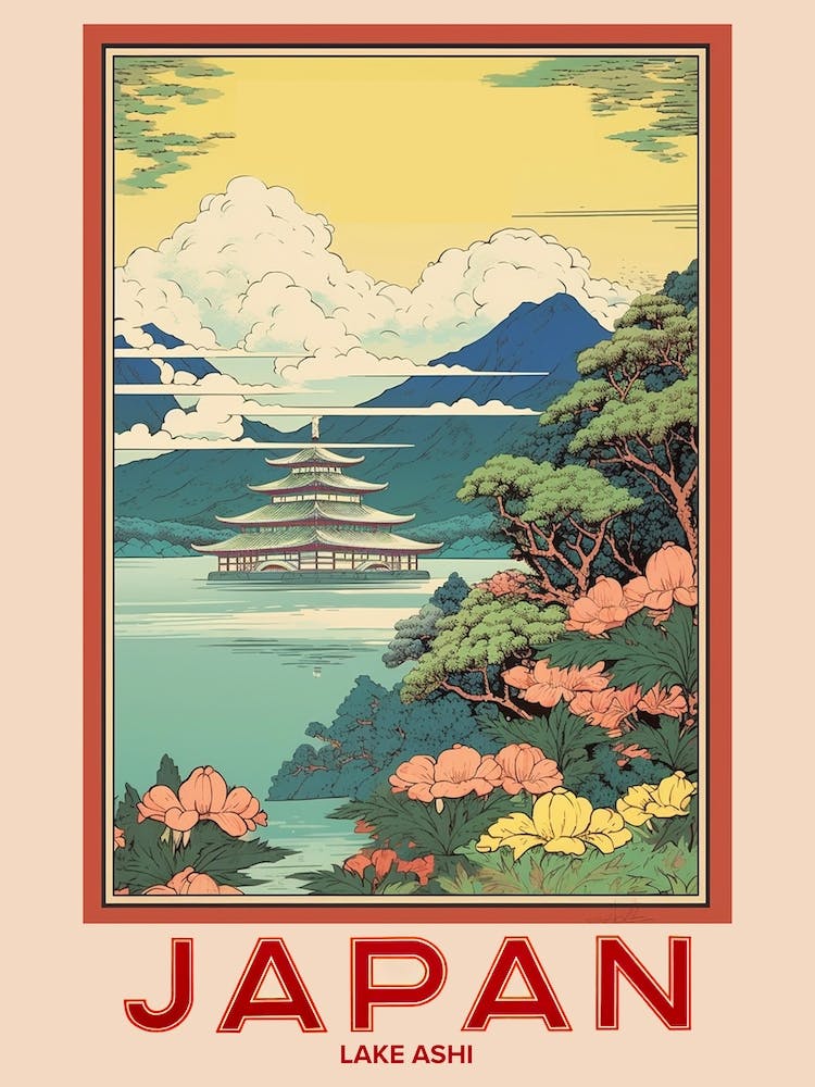 Lake Ashi, Visit Japan Vintage Travel Art 3